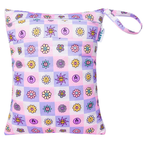 Lulu & Finn Purple Pink Boho Retro Floral Checkered Print Medium Double Zip Wet Bag